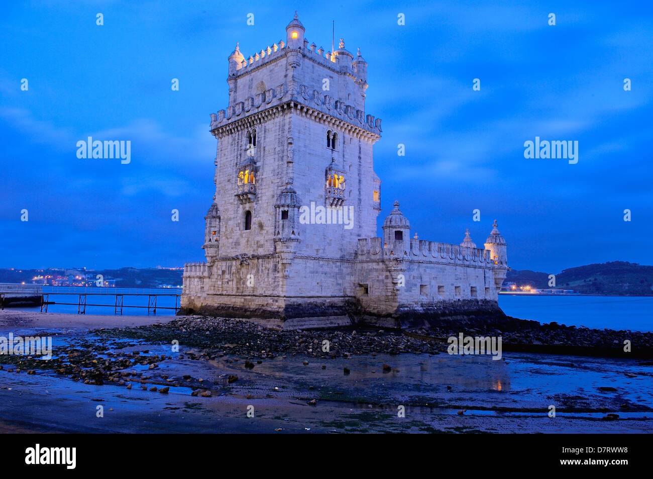 Belém Tower at Dusk. Torre de Belém built by Francisco de Arruda, Lisbon. Portugal Stock Photo