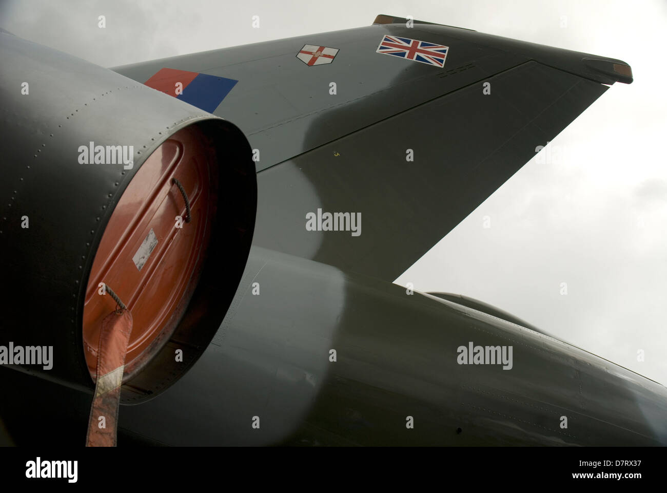 vulcan bomber  tail wing and engines from rear farnborough air show Stock Photo
