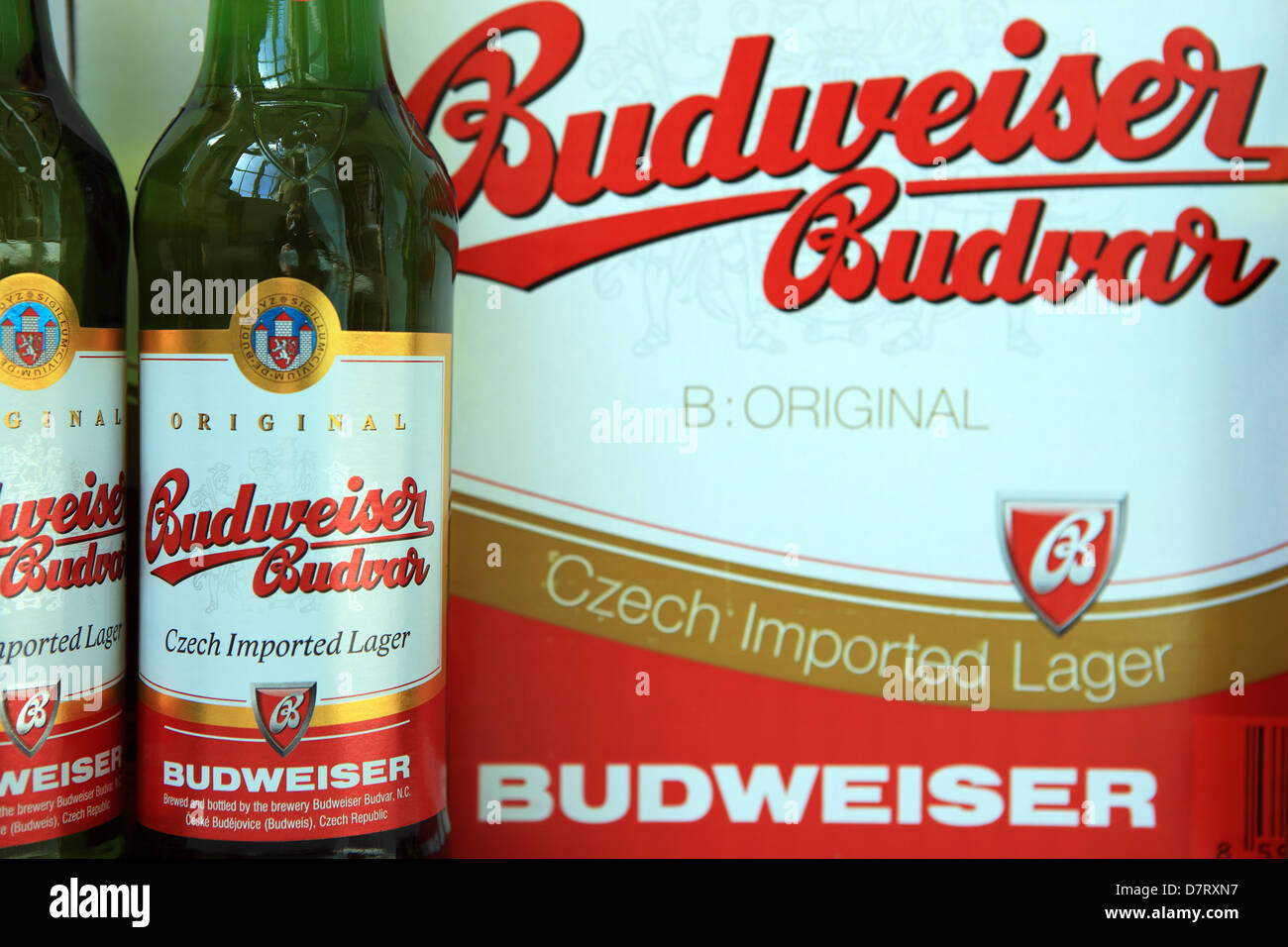 Bottles of Czech imported Budweiser lager beside the boxed carton Stock Photo