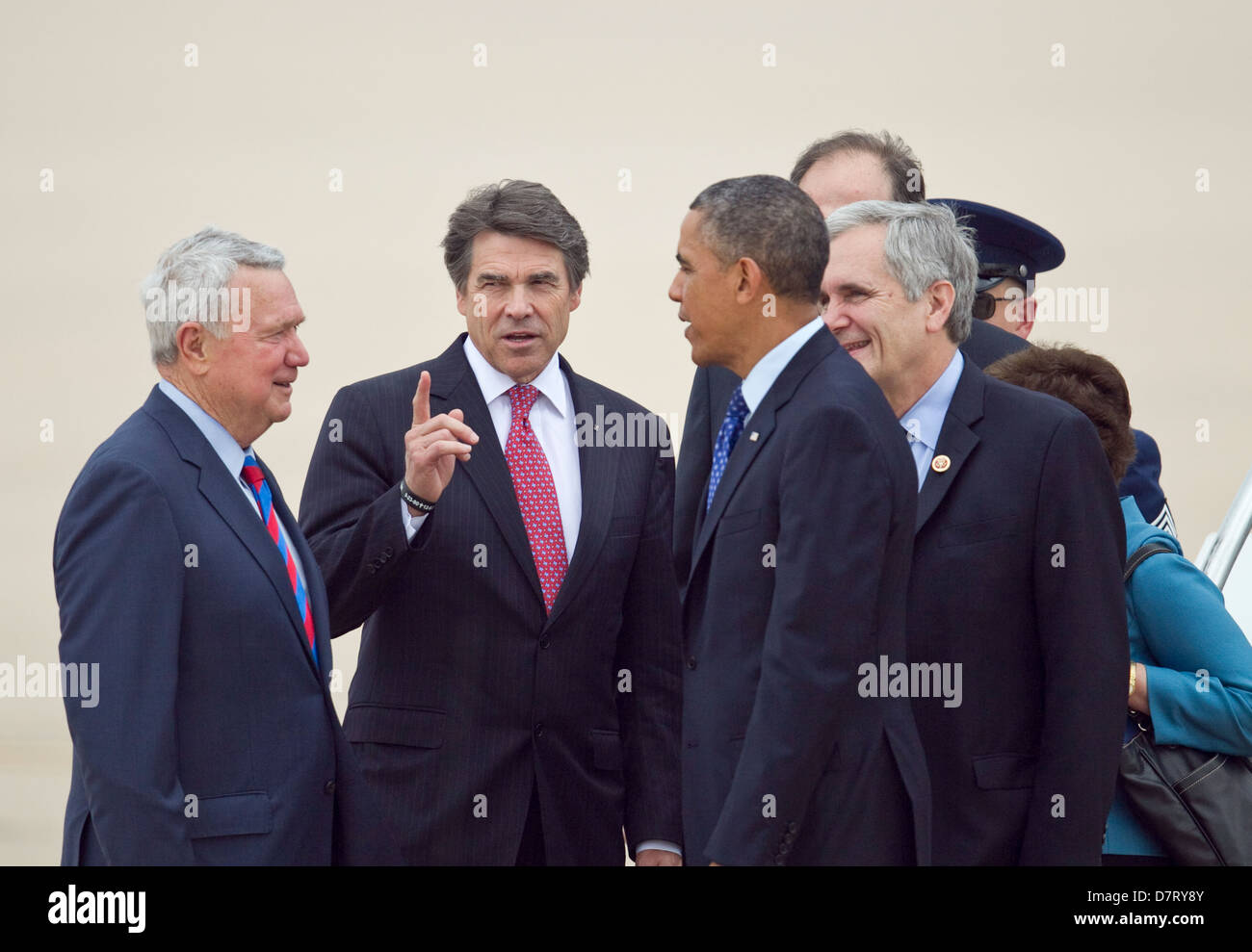 President of the United States, Barack Obama is greeted by various politicians after landing in Austin, Texas Stock Photo