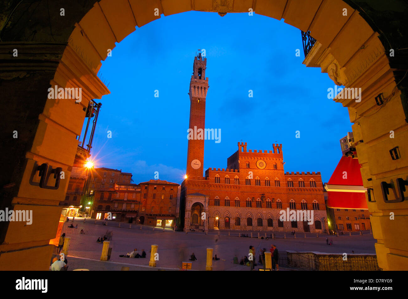 Siena, Piazza del campo and Torre del Mangia at Dusk, The Campo Square and Mangia Tower at Dusk,Tuscany, Italy, Stock Photo