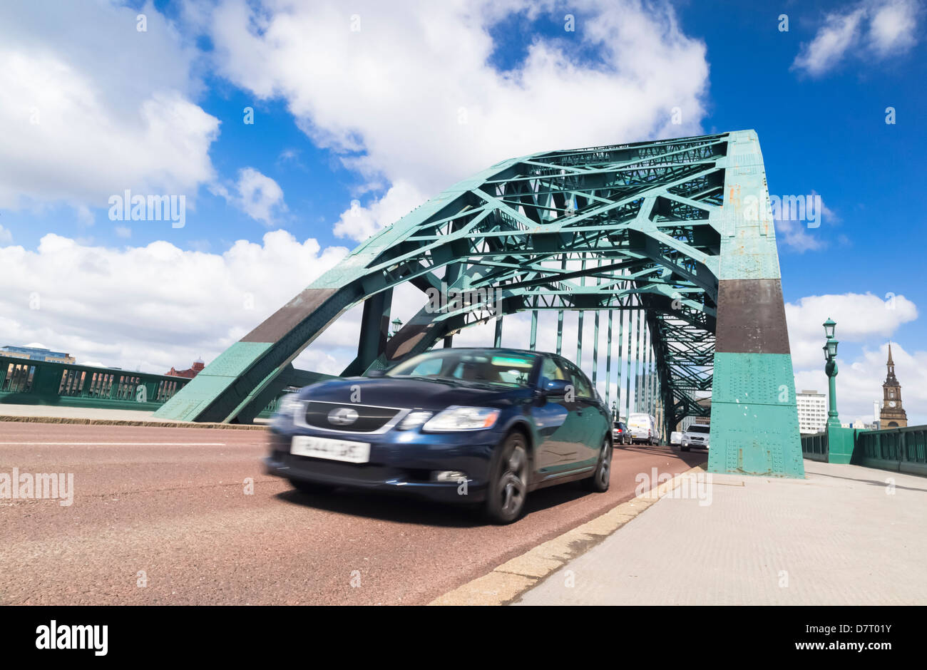Busy traffic crossing the Tyne Bridge at Newcastle Upon Tyne. Stock Photo