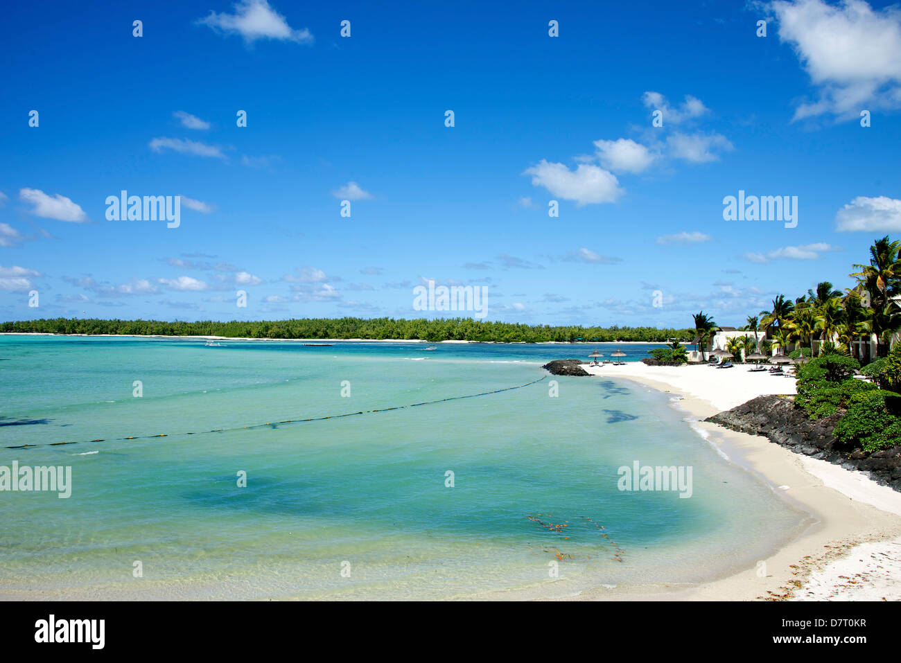Tropical white sand beach with coconut trees, deep blue sky and ...