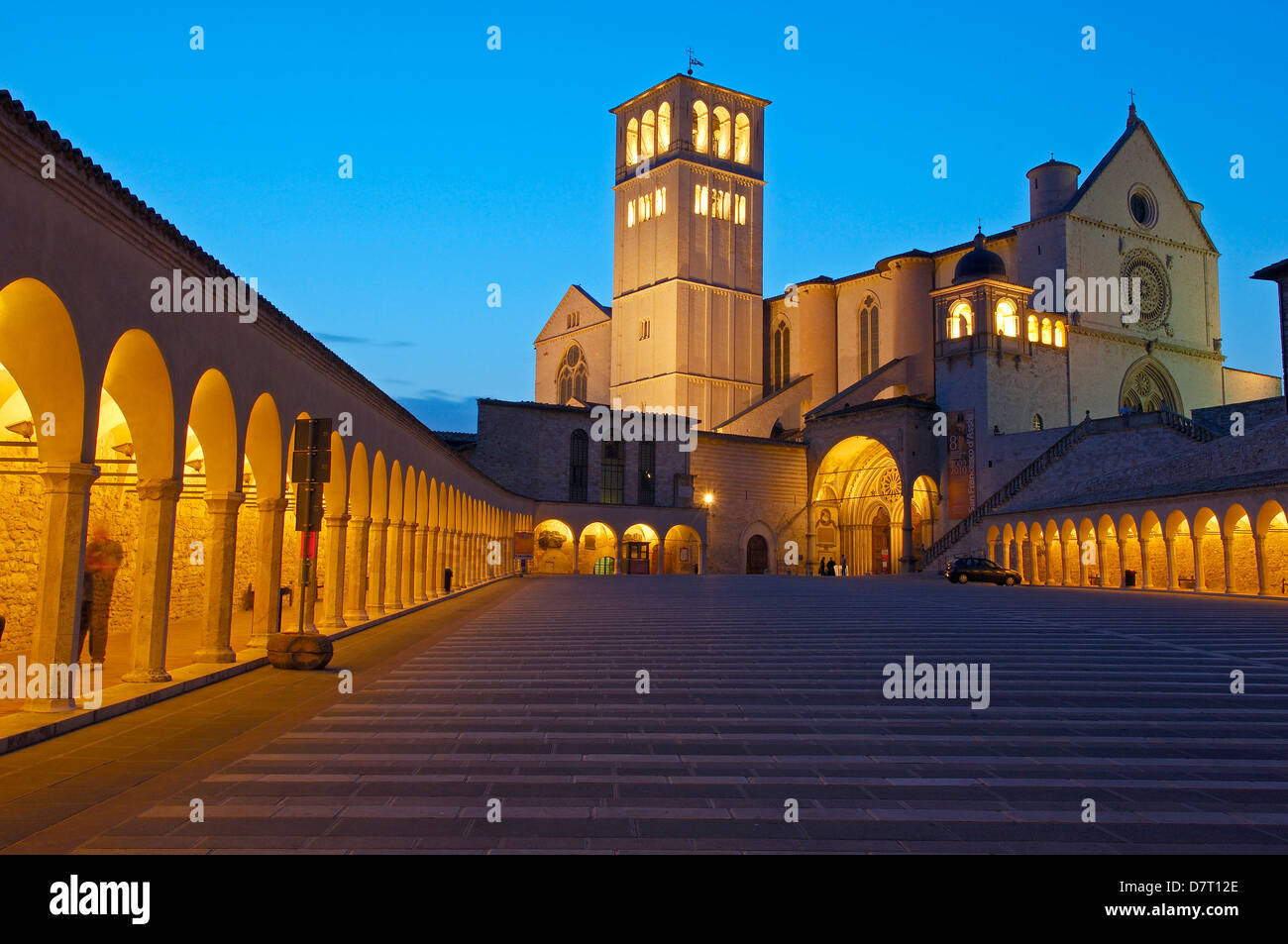 Assisi, Basilica di San Francesco. Basilica of Saint Francis at Dusk. UNESCO World Heritage site. Perugia province. Umbria. Ital Stock Photo