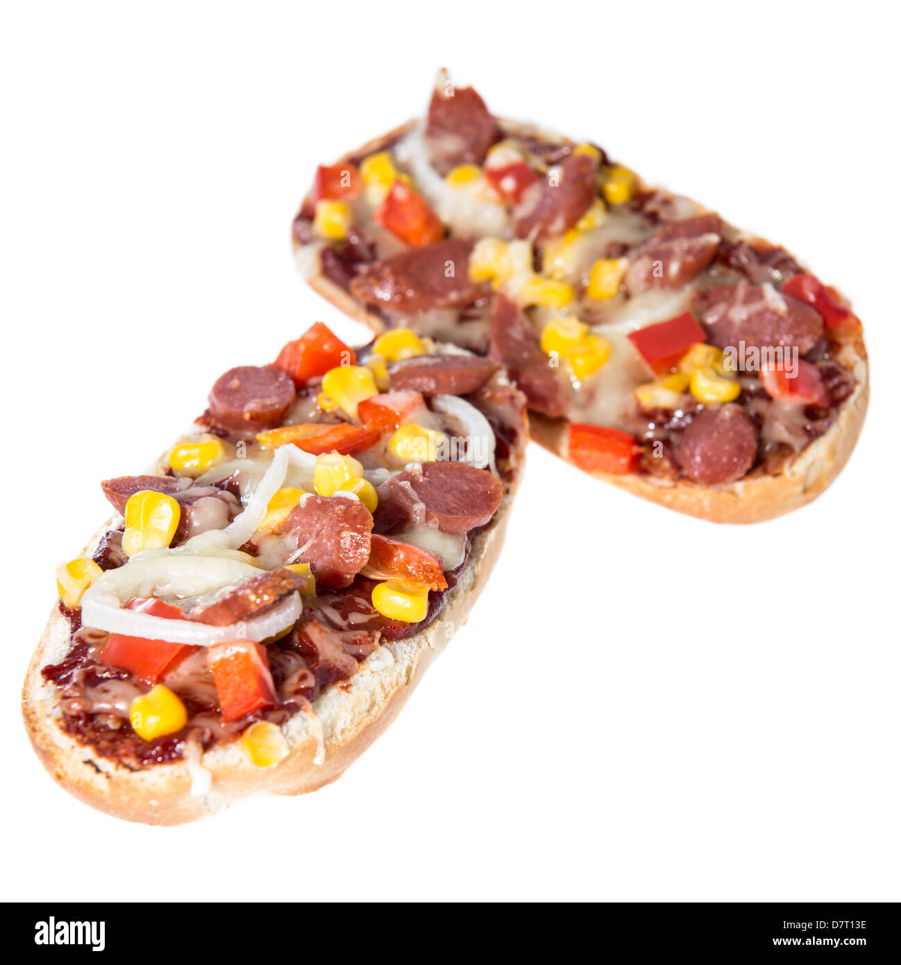Salami Pizza Baguette isolated on white Stock Photo Alamy