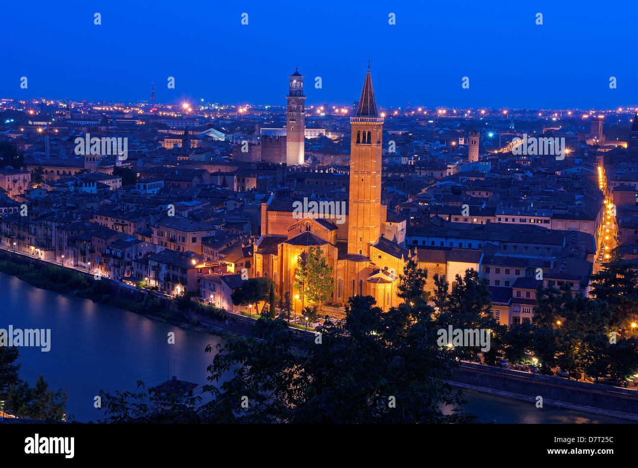 Verona. Santa Anastasia church and Torre de Lamberti at Dusk. Adige river. Veneto. Italy. Europe Stock Photo