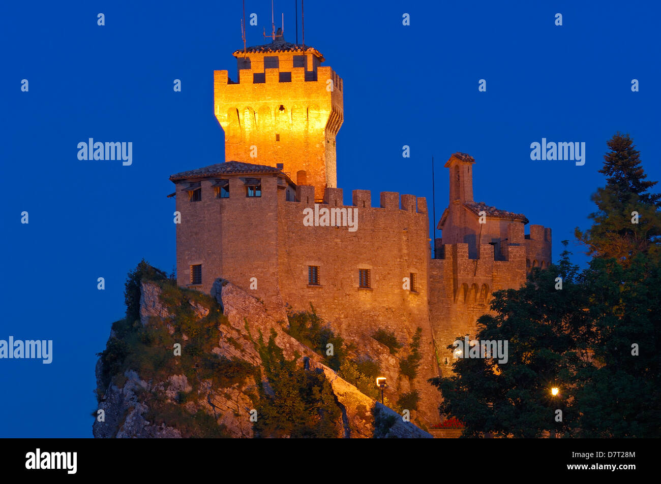 San Marino. Rocca fratta, Fratta Tower at Dusk. Monte Titano. Republic of San Marino. Italy. Europe Stock Photo