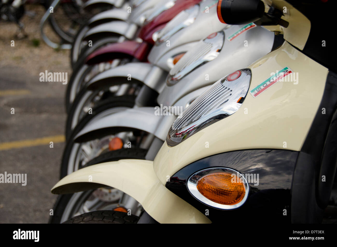 Rhode Island, Block Island. Motor scooters lined up ready for rental