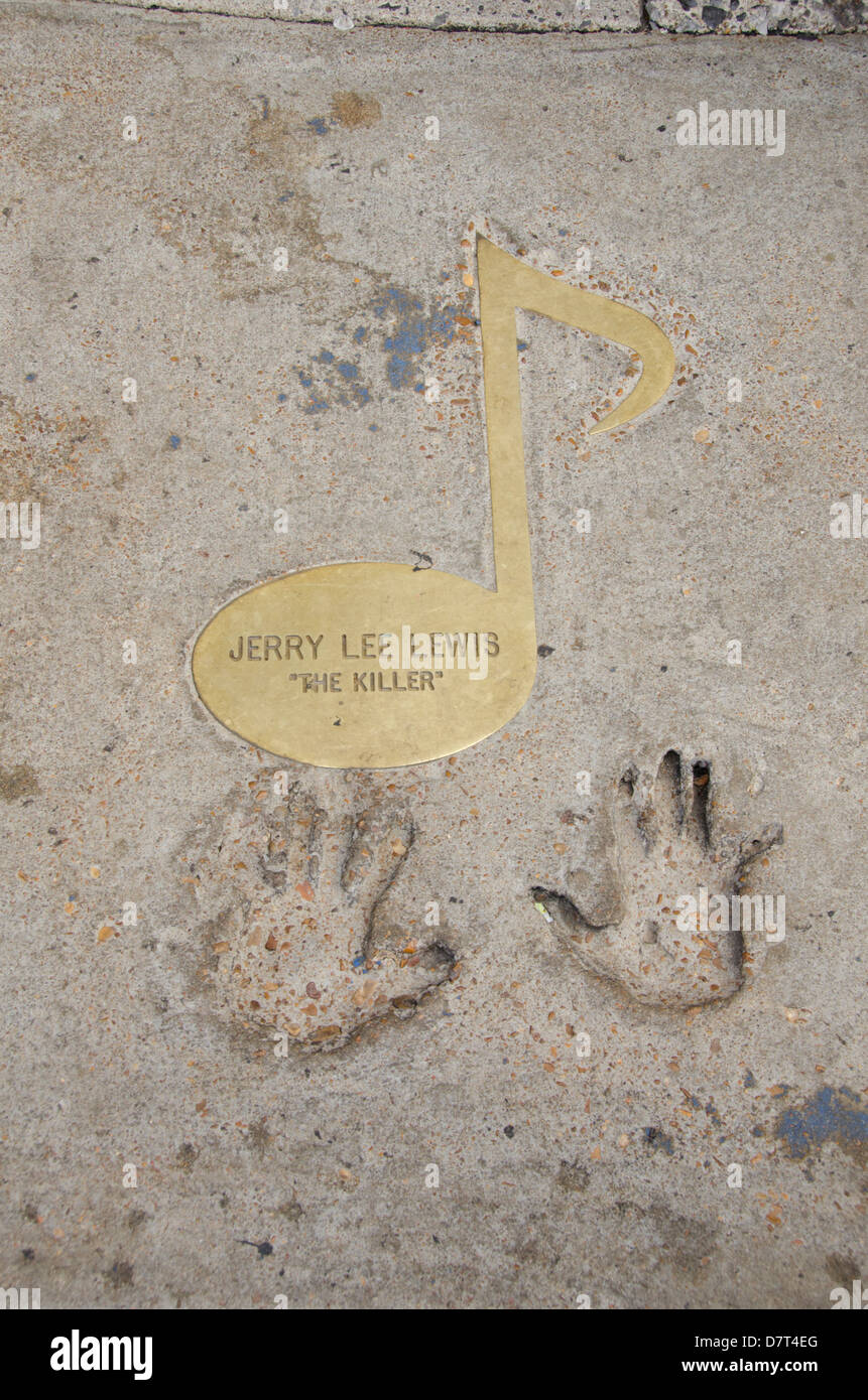 Tennessee, Memphis, Beale Street. Sidewalk note marker and hand prints of Jerry Lee Lewis aka 'The Killer'. Stock Photo