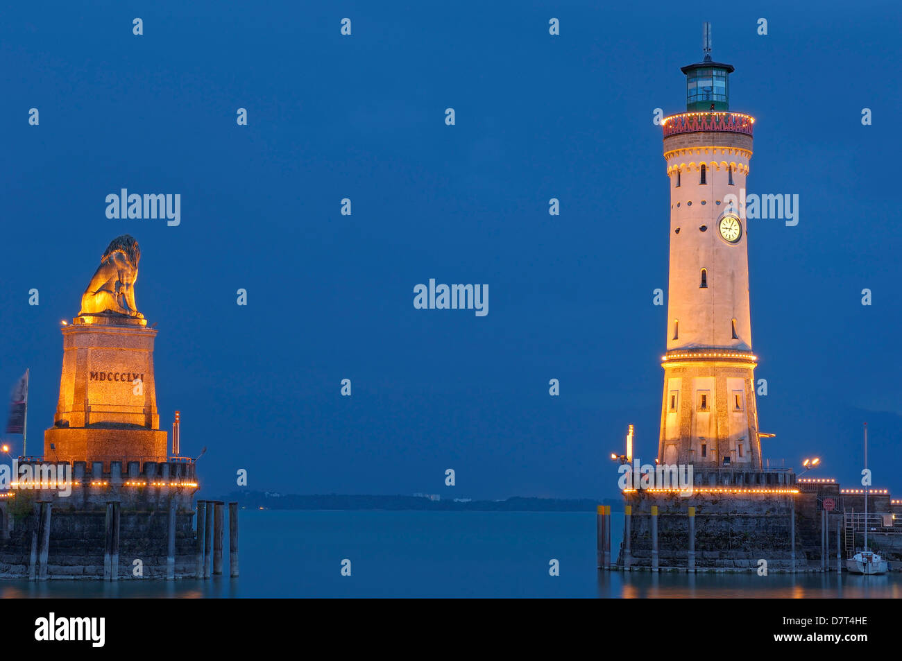 Lindau, Germany, Bavaria, Allgäu, Lake constance, Bodensee, Lighthouse and Bavarian Lion at the harbor entrance Stock Photo
