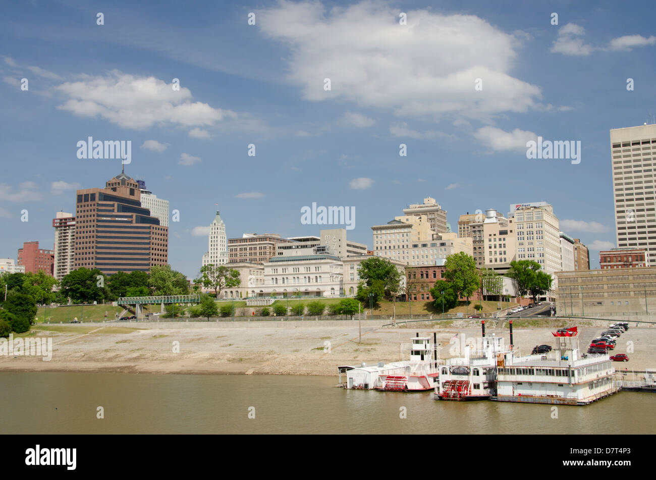 Tennessee, Memphis. Memphis city skyline and riverboat port area from Mud Island River Park. Stock Photo