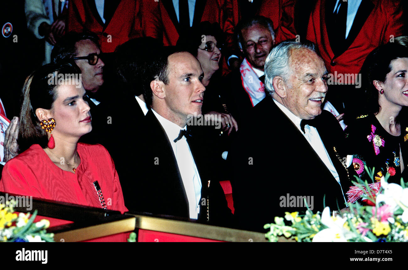 Rainier III, late Prince of Monaco, watches the annual Monte Carlo circus in 1990 with his three adult children:Caroline, Prince Albert and Stephanie. Stock Photo