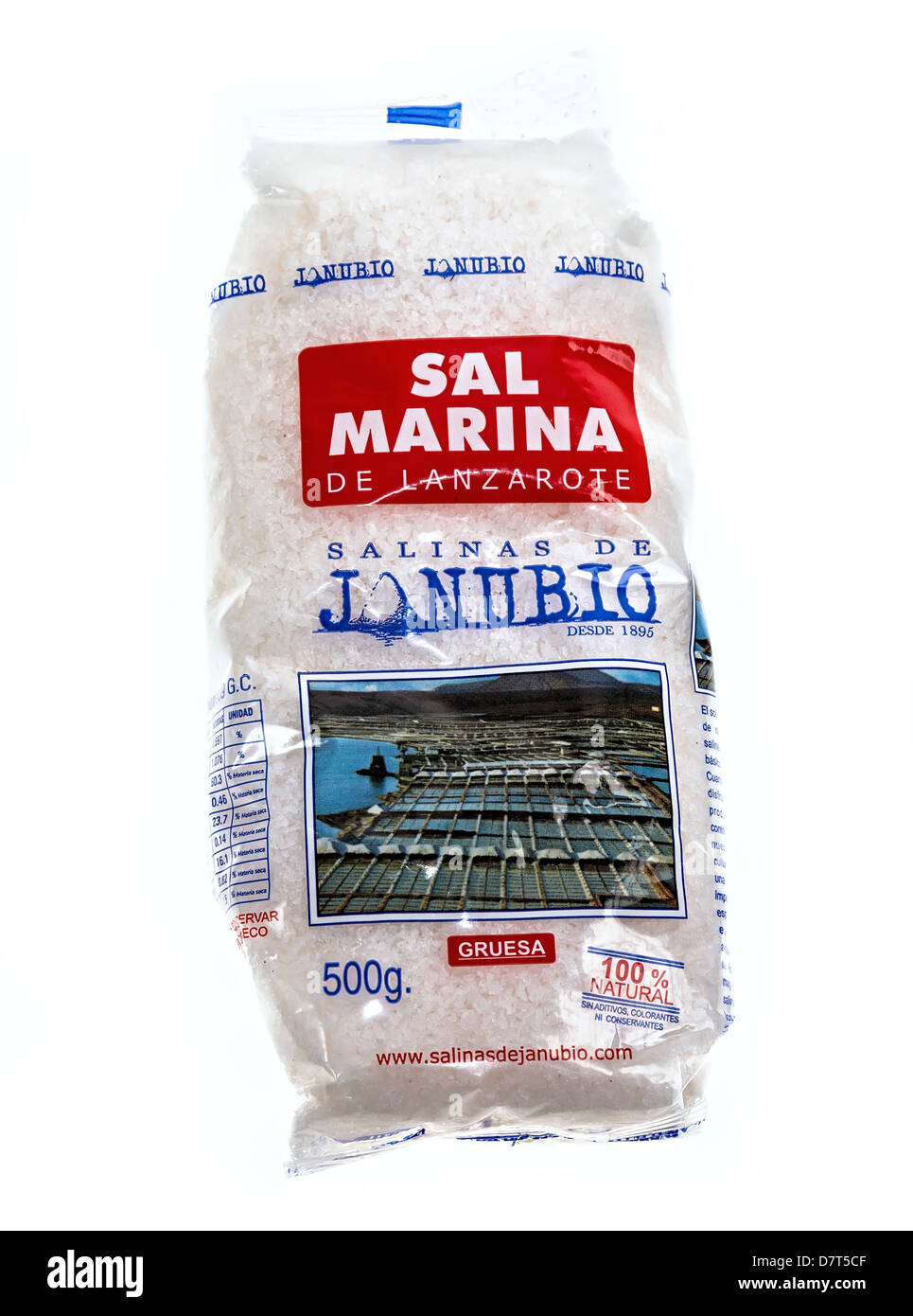 Natural sea salt in a half kilo bag from the salt pans at Janubio, Lanzarote, Spain Stock Photo