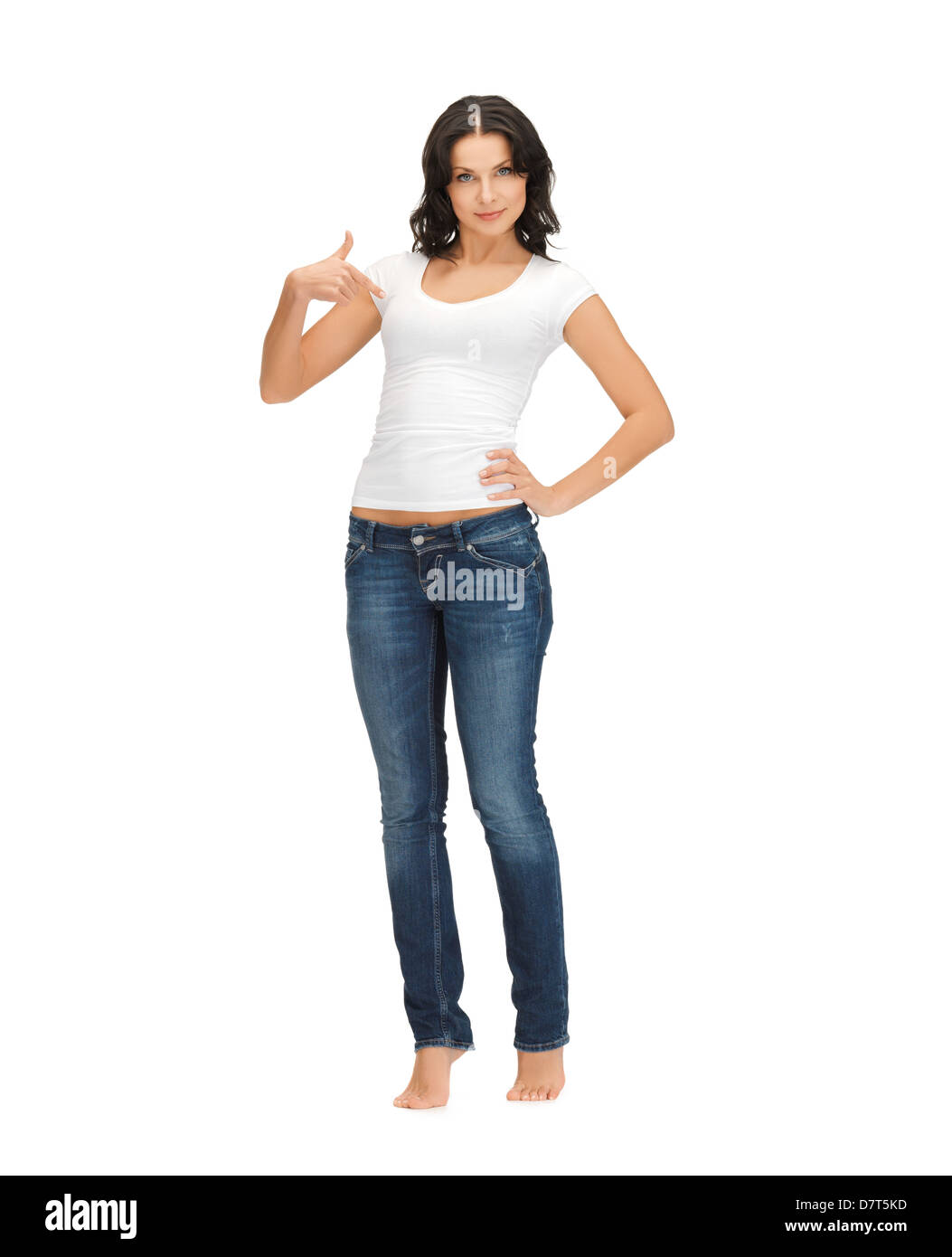 woman in blank white tshirt pointing at herself Stock Photo Alamy