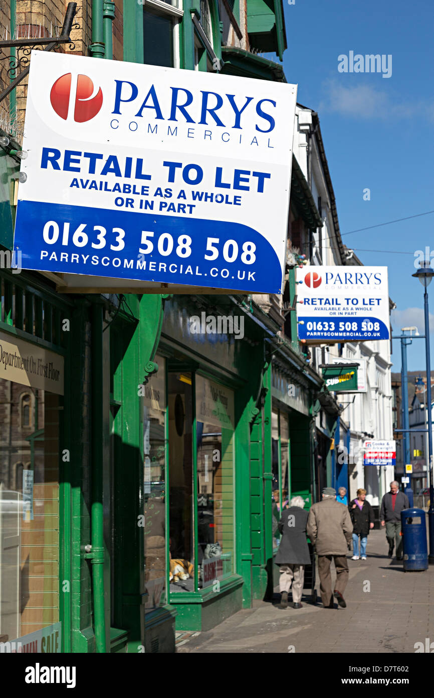 Retail shop to let signs in high street, Abergavenny, Wales, UK Stock Photo