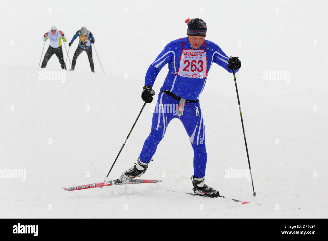 Cross country skiers near the end of the 2013 Mora Vasaloppet in a snowstorm. Stock Photo