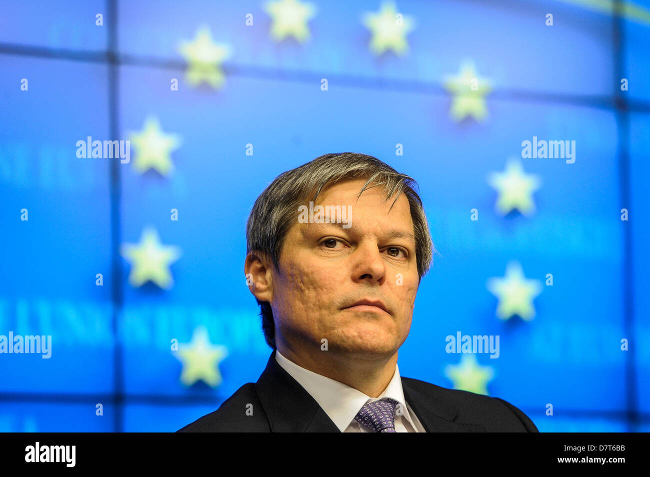 Dacian Ciolos, the European Commissioner for Agriculture and Rural Development  speak during press conference after   Agriculture and Fisheries council at the EU Headquarters  in Brussels, Belgium on 13.05.2013 Fisheries ministers meet  to revise their position on the reform of EU fishing rules. The reluctance of some countries, including France, Spain and Poland, to find common ground with the Parliament on key issues of the reform is threatening to cause the collapse of negotiations on a new Common Fisheries Policy (CFP).  by Wiktor Dabkowski Stock Photo