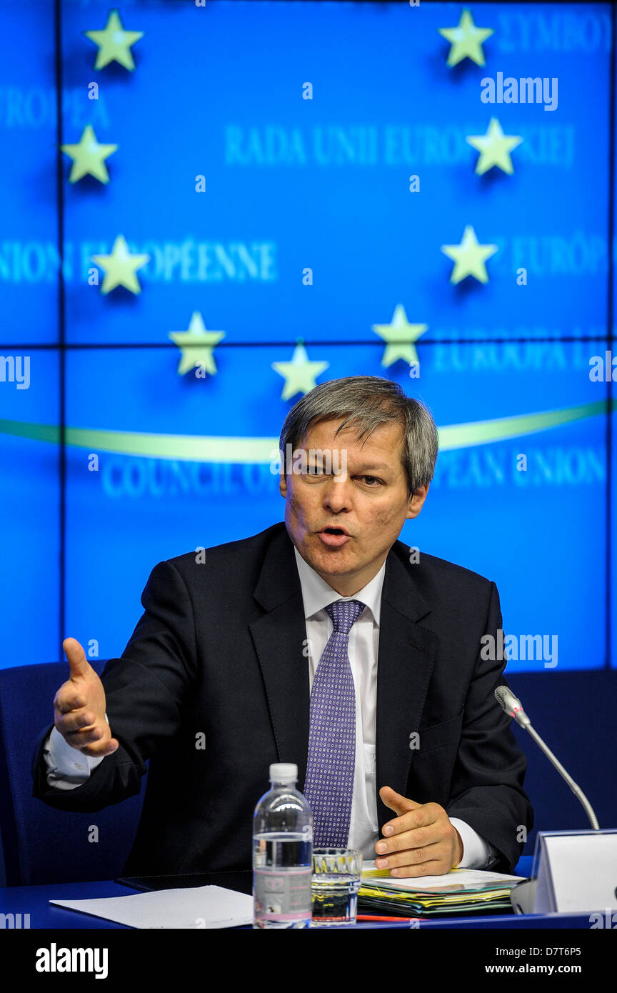 Dacian Ciolos, the European Commissioner for Agriculture and Rural Development  speak during press conference after   Agriculture and Fisheries council at the EU Headquarters  in Brussels, Belgium on 13.05.2013 Fisheries ministers meet  to revise their position on the reform of EU fishing rules. The reluctance of some countries, including France, Spain and Poland, to find common ground with the Parliament on key issues of the reform is threatening to cause the collapse of negotiations on a new Common Fisheries Policy (CFP).  by Wiktor Dabkowski Stock Photo