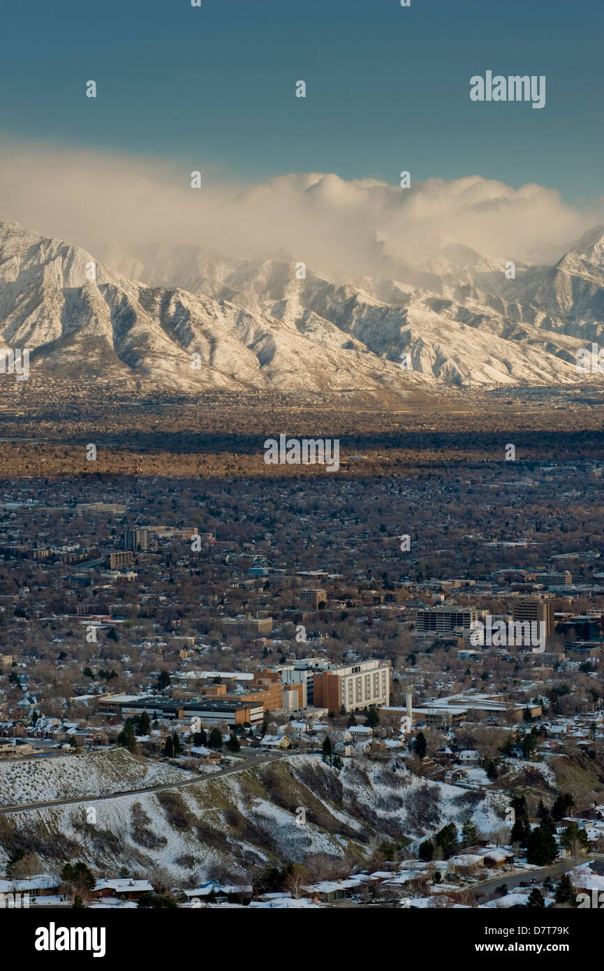 Clean Air from Ensign Peak area looking east toward University of Utah and LDS hospital, Wasatch Mountains, Salt Lake City, Utah Stock Photo