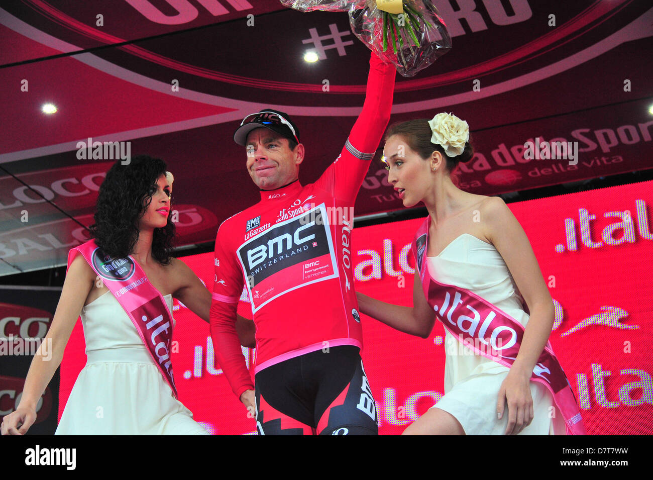 Florence, Italy. 12th May, 2013. Cadel Evans on the podium after stage nine of the Giro d'Italia Sansepolcro to Firenze. Stock Photo