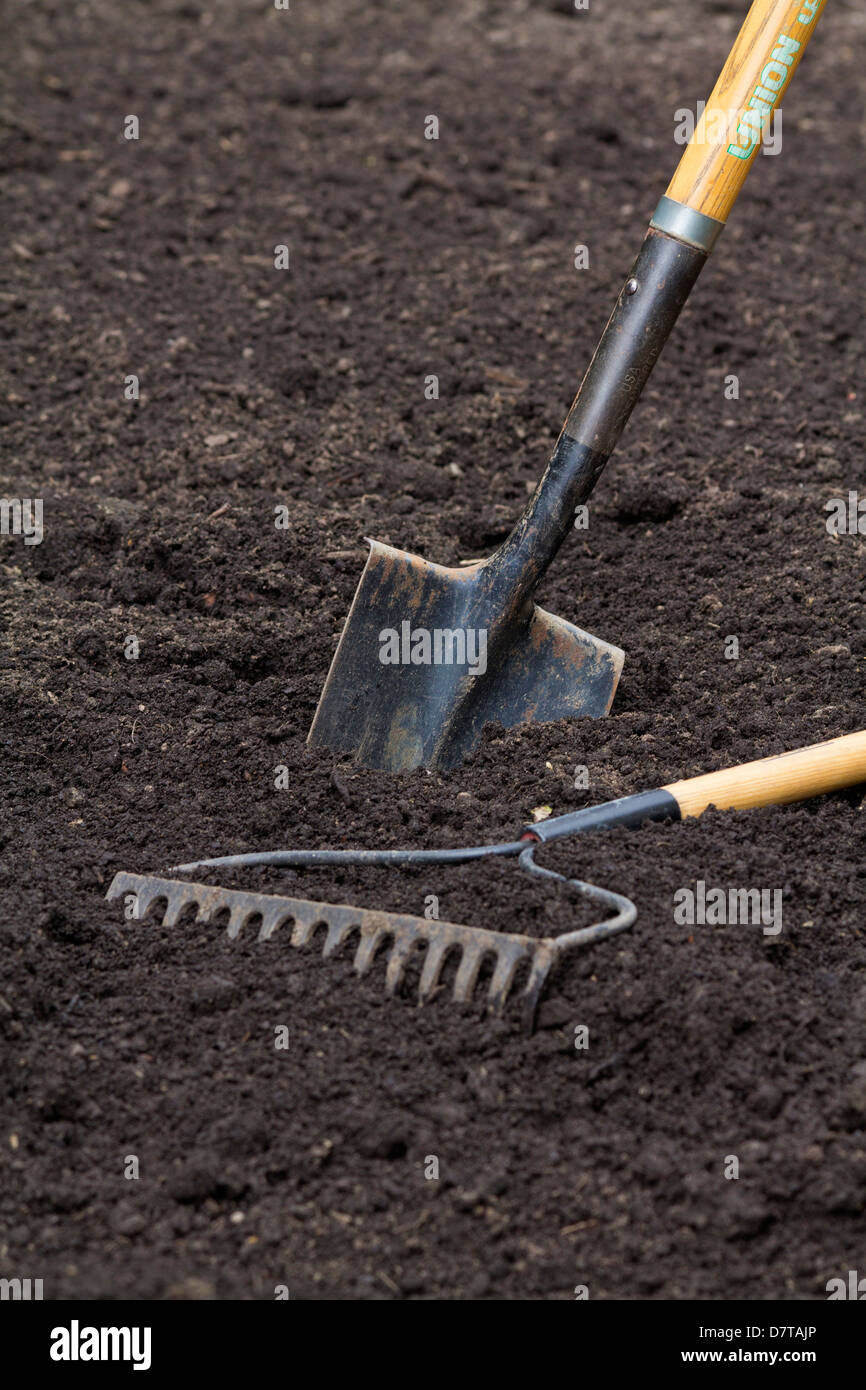 The spade in the soil on garden Stock Photo Alamy