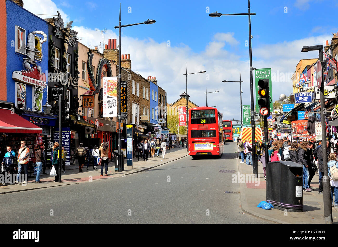 Camden high street with colorful market shop fronts Stock Photo