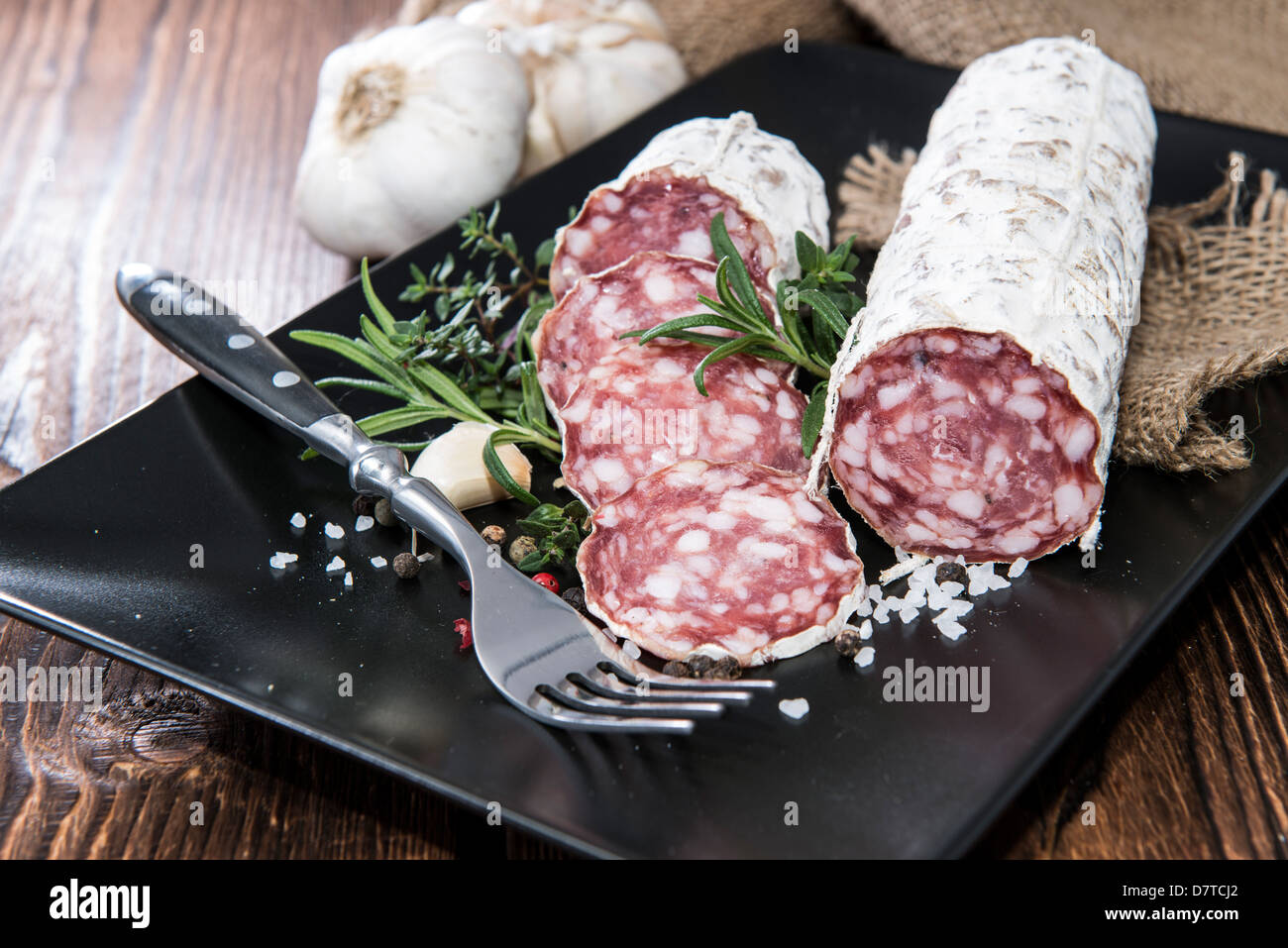 Portion of fresh Salami (macro shot Stock Photo Alamy