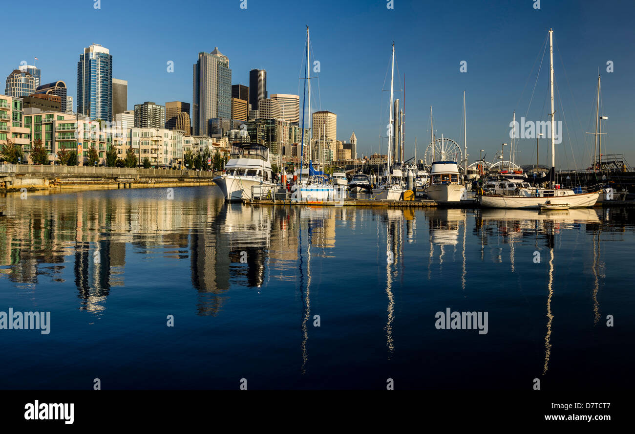 USA, Washington, Seattle. Waterfront and skyline viewed over boats in