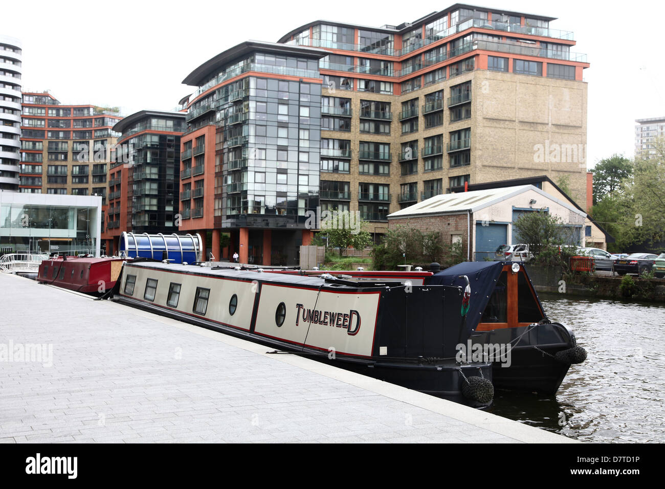 Narrow boats on Paddington Basin, London, England, UK, May 2013 Stock