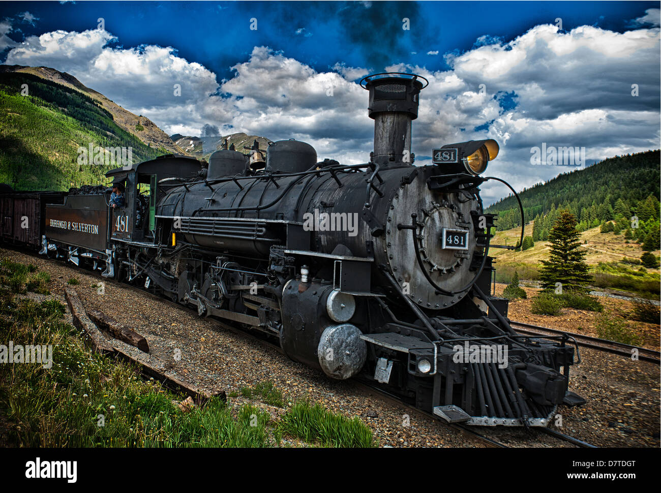 The 481 historic narrow gauge steam locomotive leaves the depot in Silverton Colorado Stock Photo