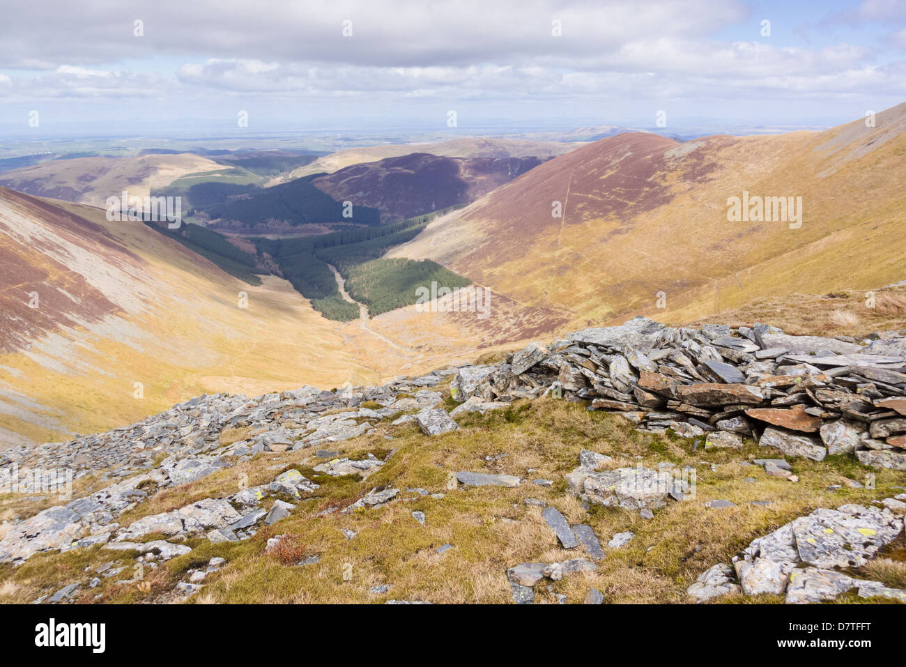 The valley of Hobcarton and Whinlatter in the Distance from Sand Hill in the Lake District. Stock Photo
