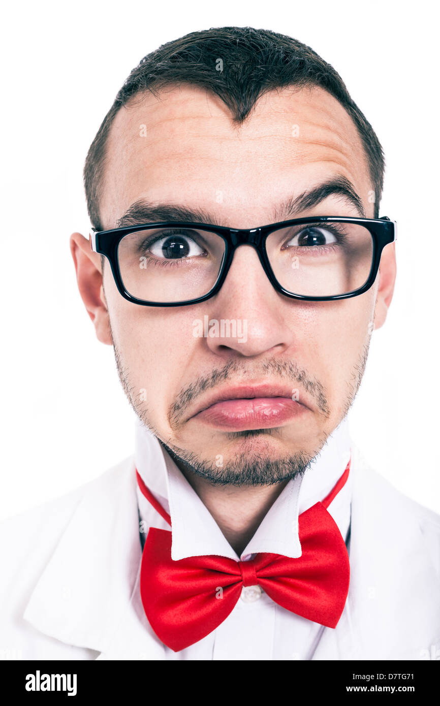 Close up of scary serious lab geek, isolated on white background Stock Photo