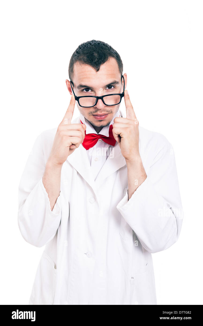 Portrait of serious scientist in lab coat and eyeglasses, isolated on white background Stock Photo