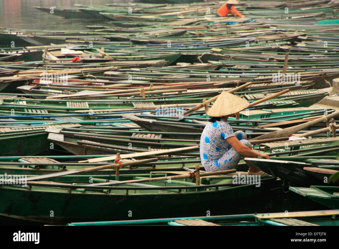 Moored Rowing Boats, Tam Coc, Ninh, Binh province, Vietnam Stock Photo