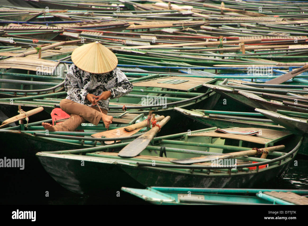 Moored Rowing Boats, Tam Coc, Ninh Binh province, Vietnam Stock Photo