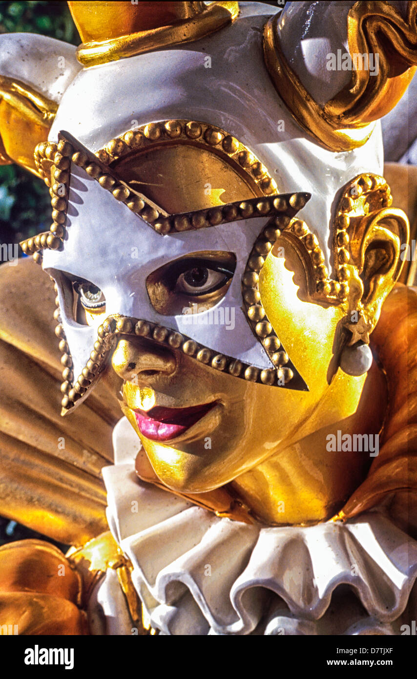 A carved wood Jester portrait detail, Harrah's Casino Stock Photo