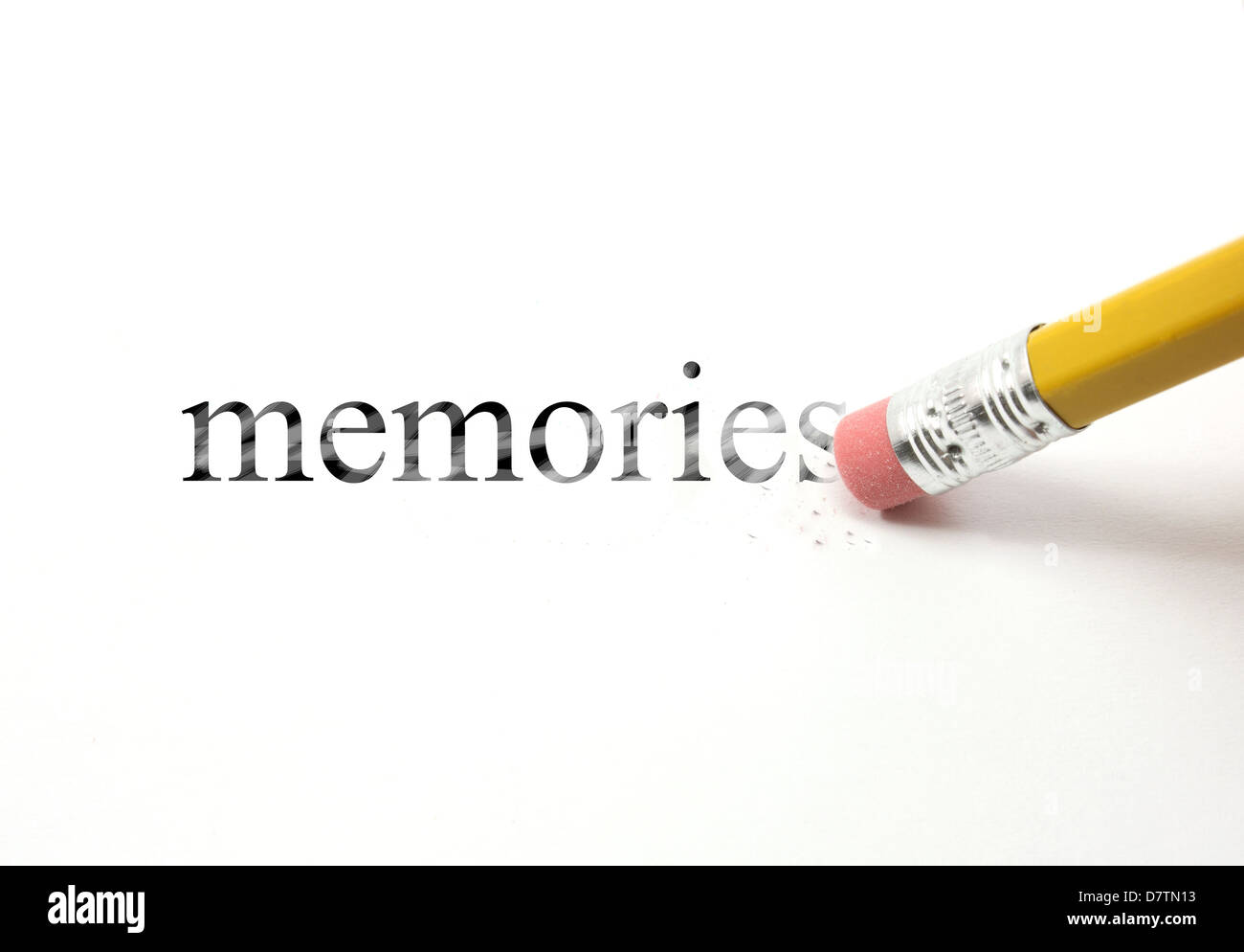 The word memories written with a pencil on white paper. An eraser from a pencil is starting to erase the word memories. Stock Photo