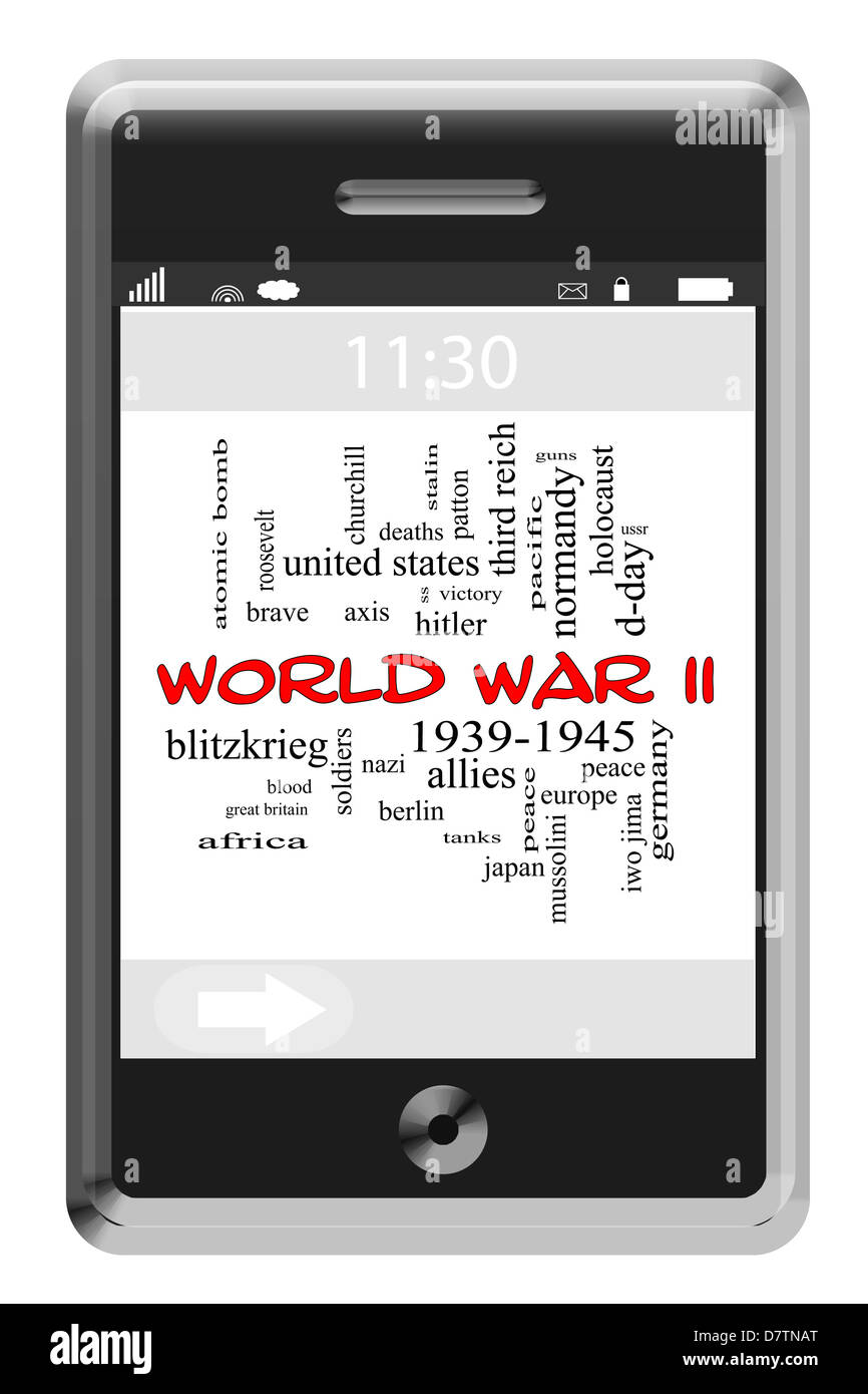 World War II Word Cloud Concept of Touchscreen Phone with great terms such as allies, axis, soldiers and more. Stock Photo