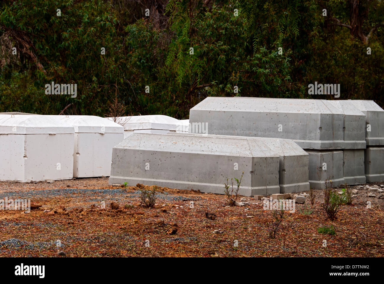 Group of concrete burial vaults Mount Hope Cemetery, San Diego, California, United States Stock Photo