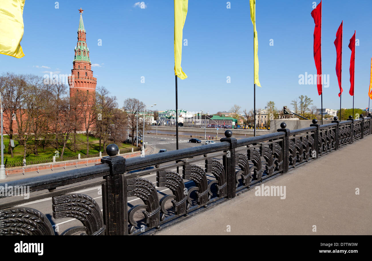 Flags and the Moscow Kremlin view from the Great Stone Bridge Stock Photo