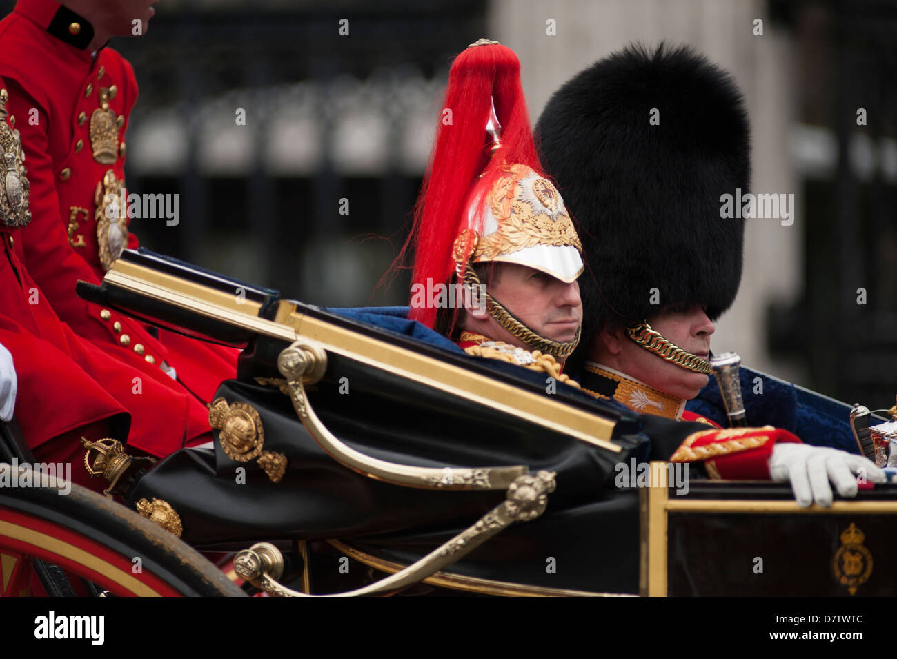 Open carriage carrying Life Guards and Welsh Guards officer to the State Opening of Parliament. Stock Photo