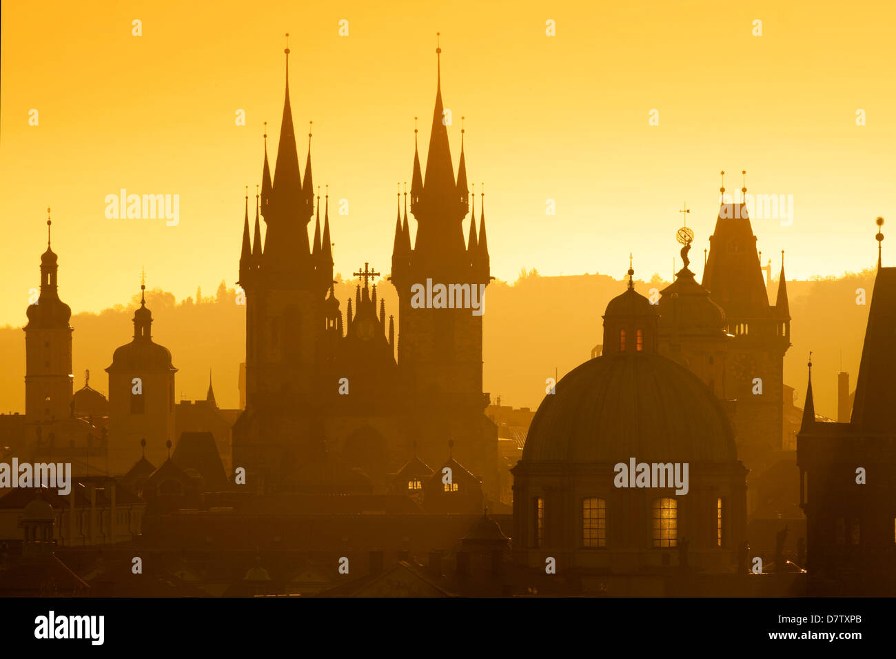 czech republic, prague - spires of the old town and tyn church at sunrise Stock Photo