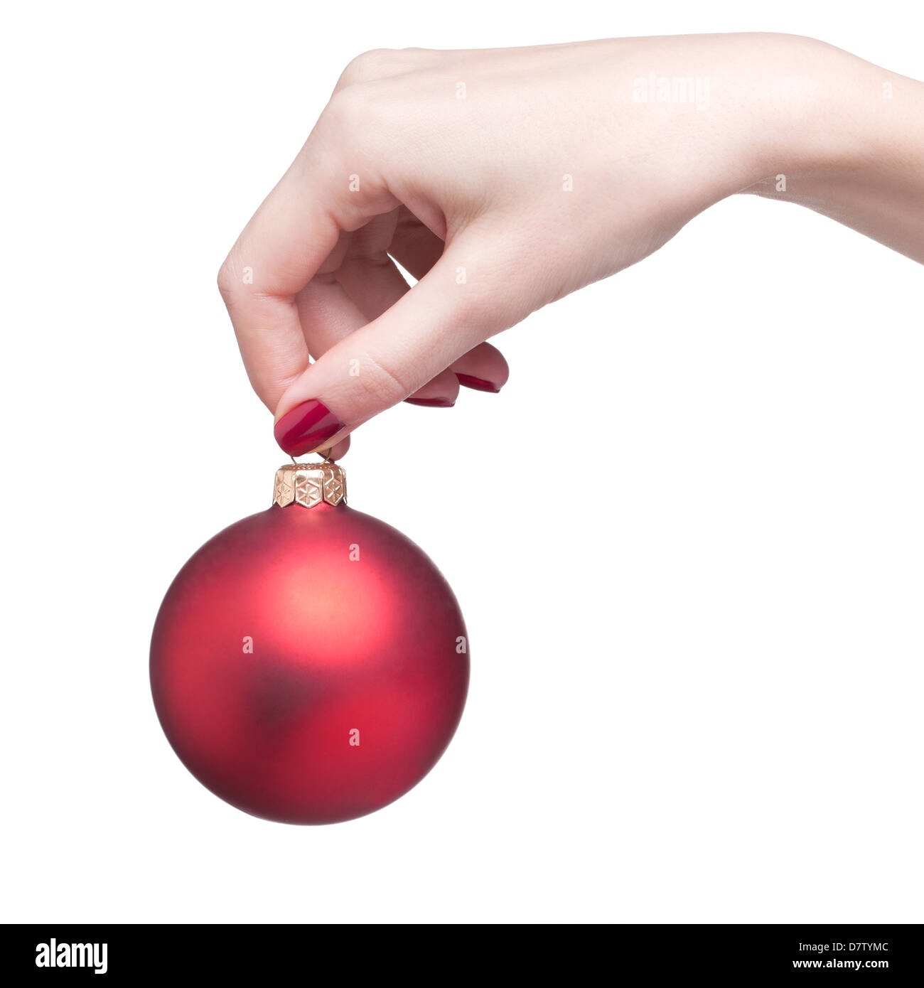 hands with red dull luster Christmas ball isolated on white Stock Photo