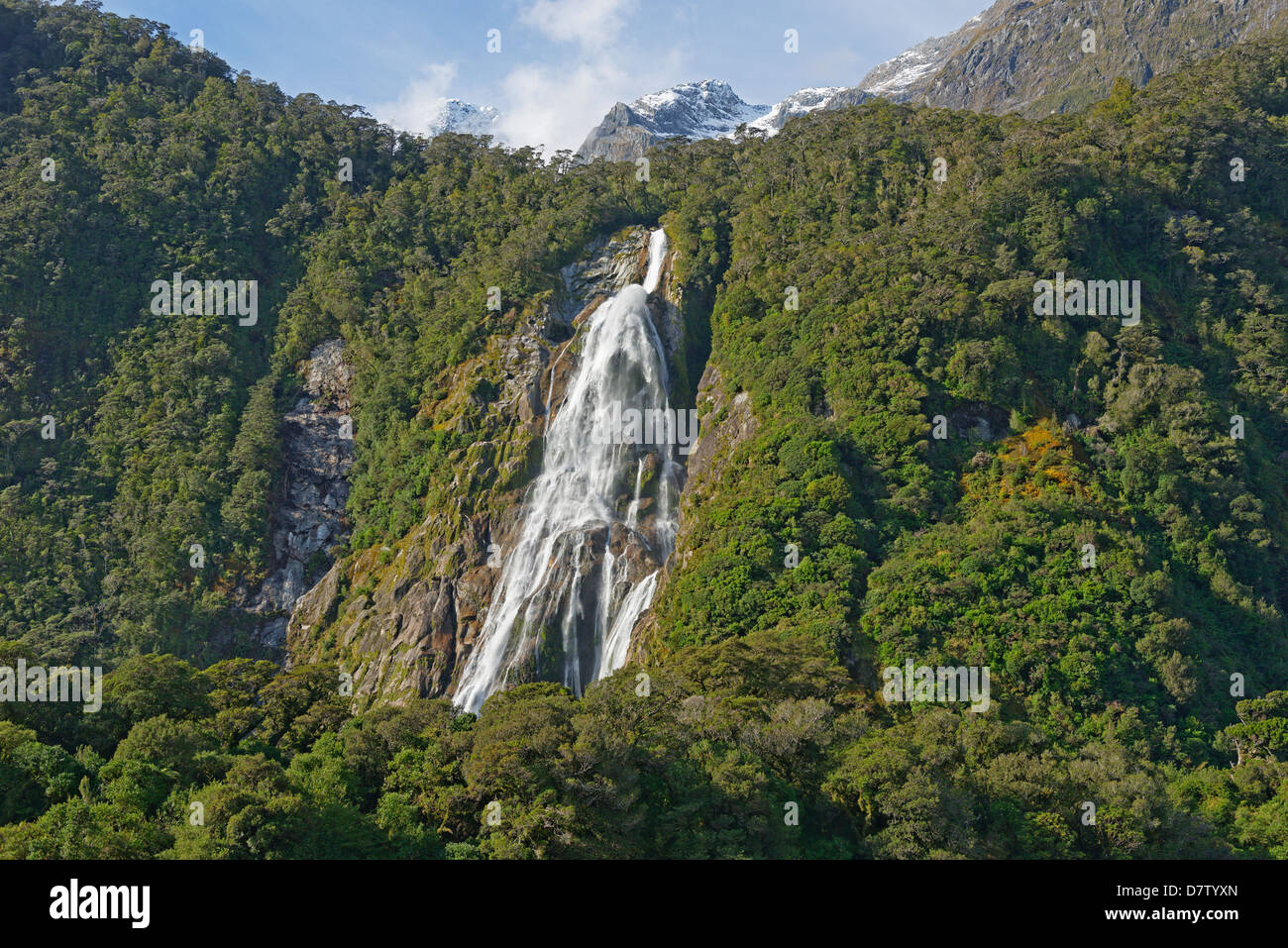 Waterfall, Milford Sound, Fiordland National Park, UNESCO World Heritage Site, Southland, South Island, New Zealand Stock Photo