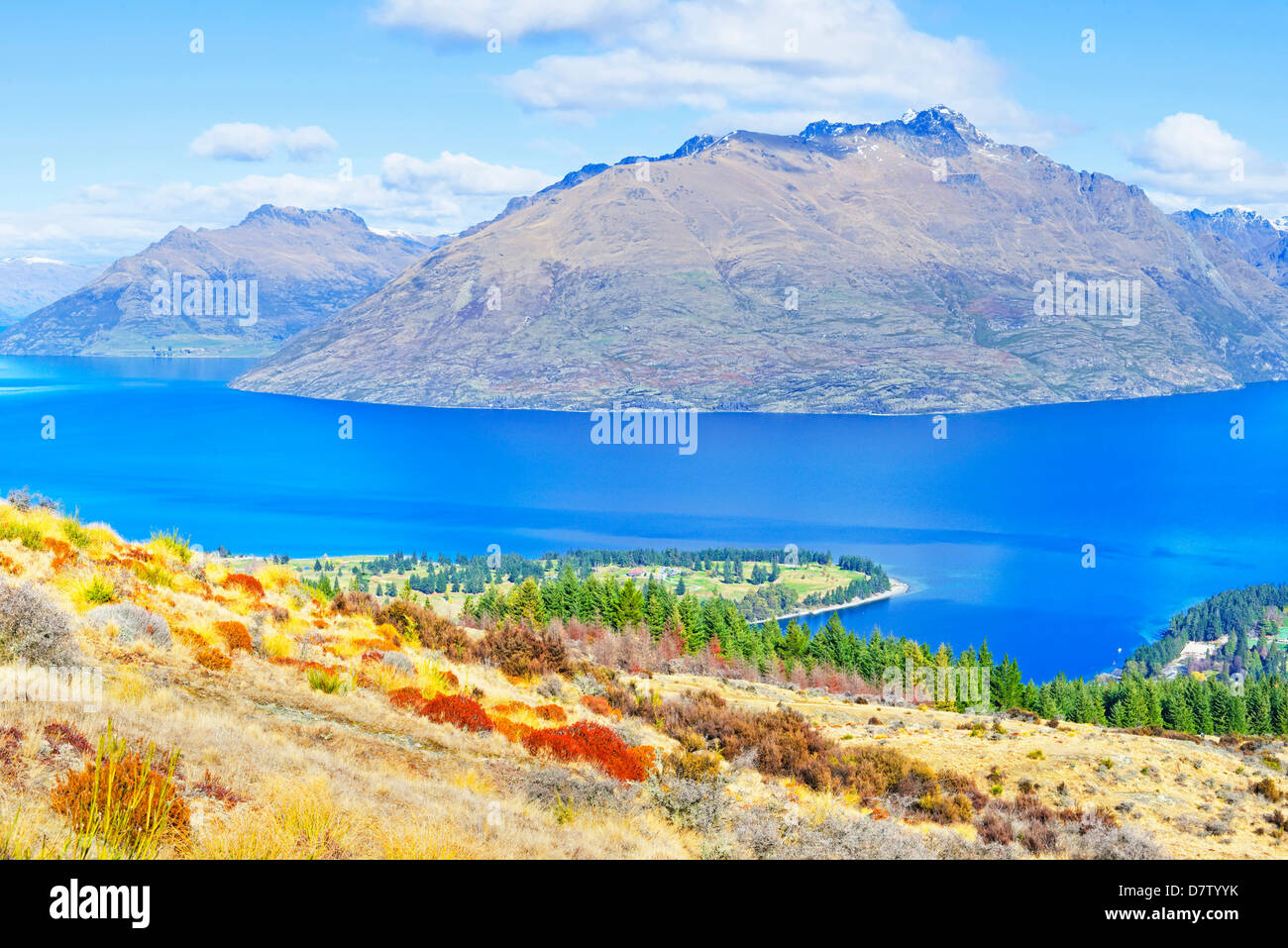Lake Wakatipu and Remarkables Mountain Range, Queenstown, Otago, South Island, New Zealand Stock Photo