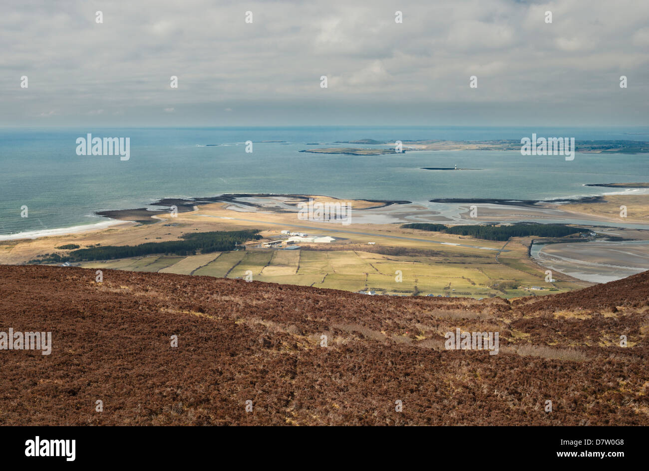 View westwards over the regional Sligo Airport towards the open Atlantic, from the summit of Knocknarea, County Sligo, Ireland Stock Photo