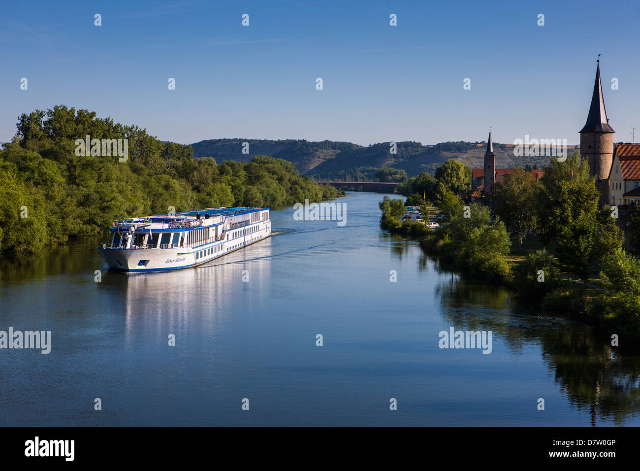 Cruise ship on the Main valley near Karlstadt, Franconia, Bavaria, Germany Stock Photo