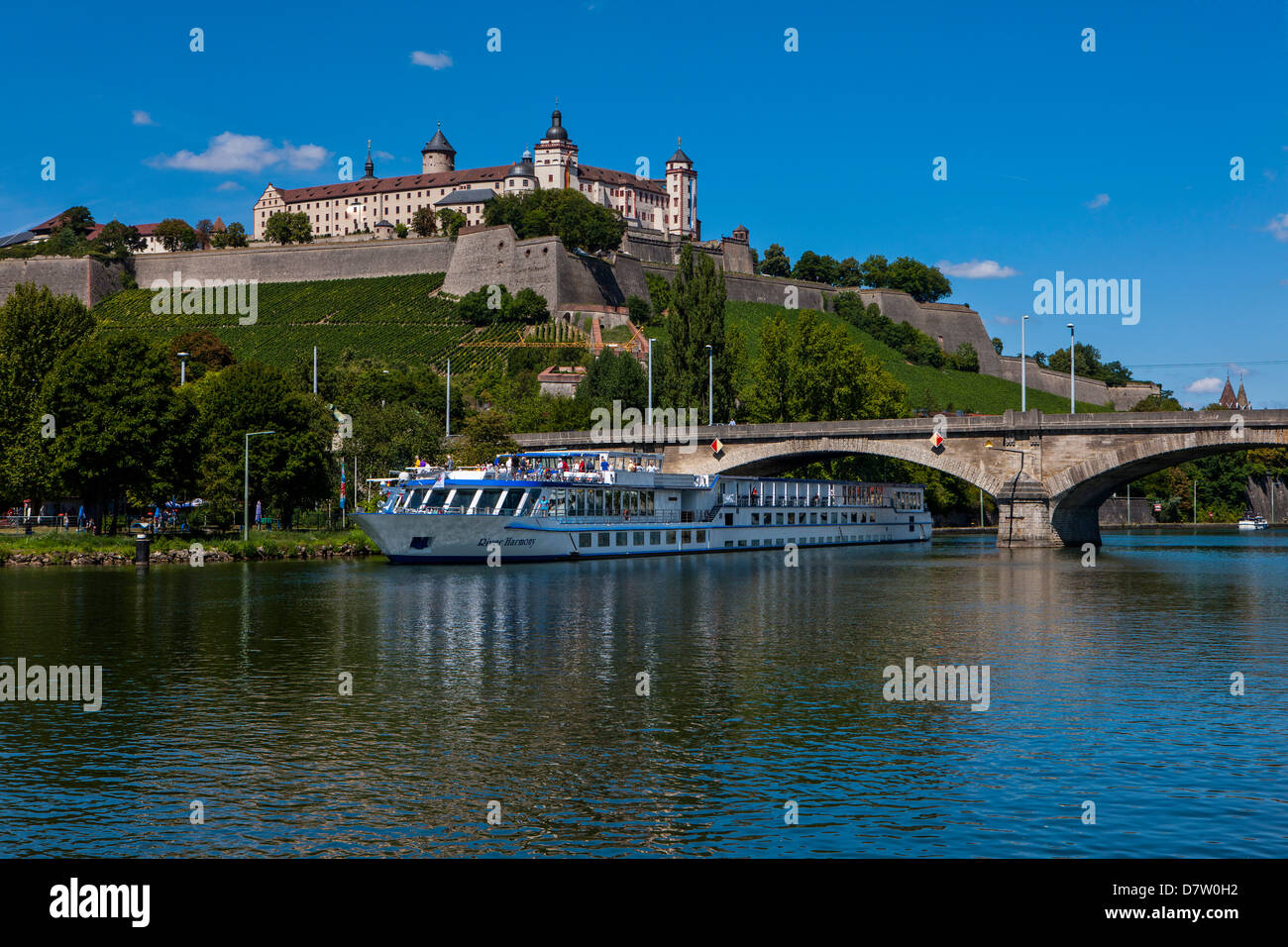 Cruise ship on the Main valley in Wurzburg, beyond Fortress Marienberg, Franconia, Bavaria, Germany Stock Photo