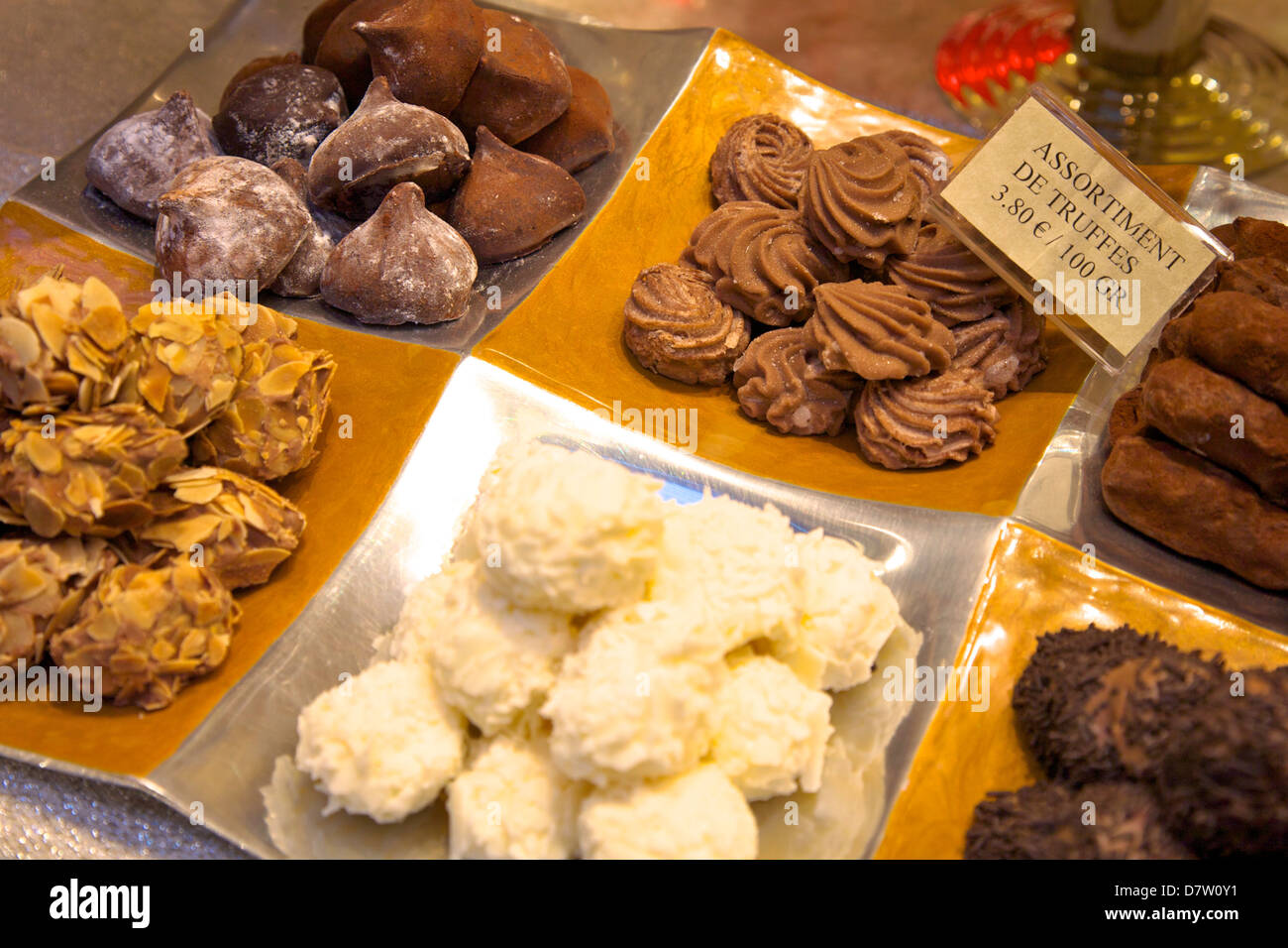 Chocolate truffles in a sweet shop, Brussels, Belgium Stock Photo