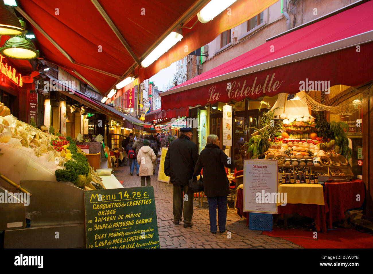 Restaurants in Rue des Bouchers, Brussels, Belgium Stock Photo